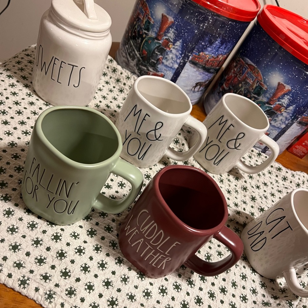 Rae Dunn mugs and sweets jar